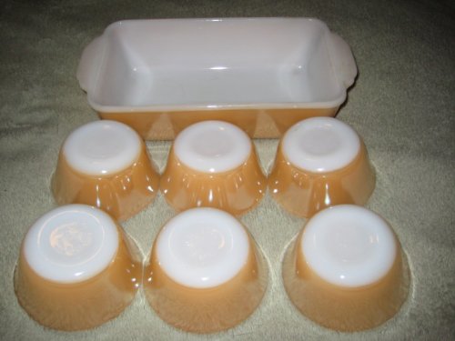 7 PIECE SET - Vintage Anchor Hocking Fire-King Peach Luster 6 Scalloped Edge 4x2 Inch Custard Dishes & 1 Quart Loaf Baking Pan USA