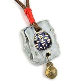 Painted Blue Oriental Stamp With Fine Gold Detail - Cherry Red Woven Accents And Antique Brass Bell Charm - Square Gray Musk Hand Made Ceramic Pendant - Light Brown Necklace