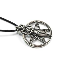 Wiccan Goddess on Pentacle Pewter Pendant with Black Corded Necklace