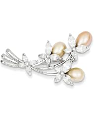 Sterling Silver Freshwater Cultured Pearl & Floral CZ Pin.