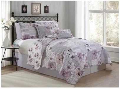 Reversible Modern Quilt Bedding Set Floral Grey Purple with Decorative Pillows (king)