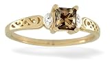 14K Yellow Gold Genuine Square Smoky Quartz and Diamond Filligree Ring