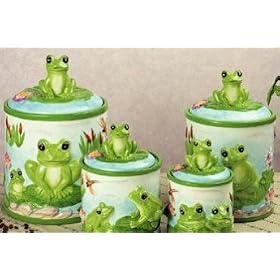 Click here to buy FROG green froggy 4 CANISTER SET kitchen storage decor Ceramic 4 Pcs Rubber Seal by KKM.