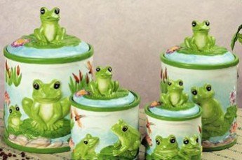 FROG green froggy 4 CANISTER SET kitchen storage decor Ceramic 4 Pcs Rubber Seal