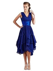 V-neck Tea Length Summer  Ruched Chiffon Empire   Waistline Bridesmaid Dress  With Ruffles