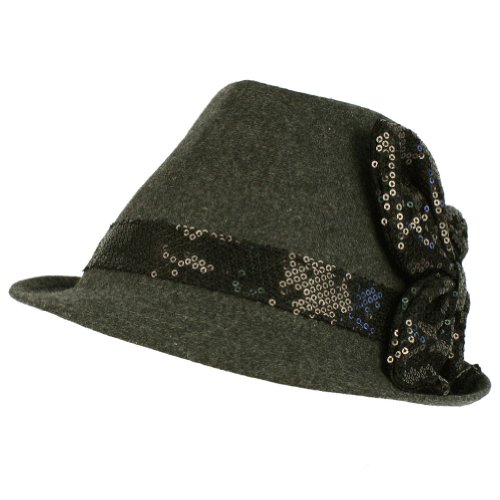 Ladies Winter Classic Wool Blend Fedora Trilby Sequins Bow Dancer Cap Hat Gray