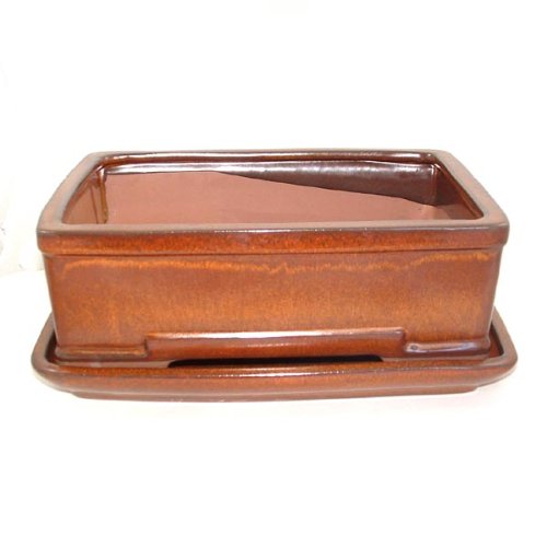 26cm Brown Glazed Bonsai Pot and Tray Set