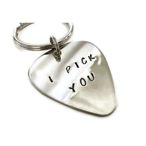 Guitar Pick Gift for Men "I Pick You" Hand Stamped Metal Guitar Pick Key Chain