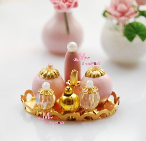 1/12 Dollhouse Miniature Gold Tray Pink Perfume Set