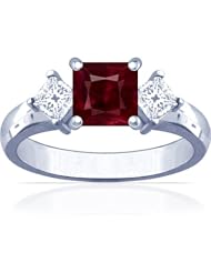 18K White Gold Princess Cut Ruby Three Stone Ring