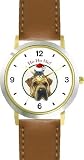 Gray Tabby Kitten or Cat in Santa Claus Hat on Shar pei Dog - Christmas Theme - JP - WATCHBUDDY® DELUXE TWO-TONE THEME WATCH - Arabic Numbers - Brown Leather Strap-Size-Children's Size-Small ( Boy's Size & Girl's Size )