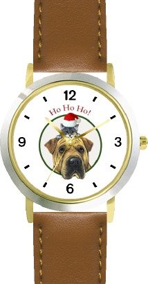 Gray Tabby Kitten or Cat in Santa Claus Hat on Shar pei Dog - Christmas Theme - JP - WATCHBUDDY® DELUXE TWO-TONE THEME WATCH - Arabic Numbers - Brown Leather Strap-Size-Children's Size-Small ( Boy's Size & Girl's Size )