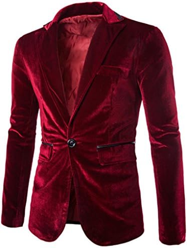 Cashsun Men's Slim Fit Velvet Button Business Cocktail Blazer Suit, Wine red L