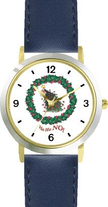 Orange Cat in Christmas Tree Falling in Christmas Wreath - JP - WATCHBUDDY® DELUXE TWO-TONE THEME WATCH - Arabic Numbers - Blue Leather Strap-Size-Large ( Men's Size or Jumbo Women's Size )