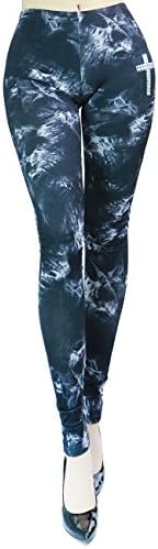 Women's Fashion Stretch Tie Dye Print Leggins With Metallic Cross Detail (LARGE, BLACK-SWP2016)