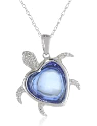 10k White Gold Turtle Created Blue Sapphire Diamond-Accent Pendant Necklace (0.02 cttw, I-J Color, I2-I3 Clarity), 18"