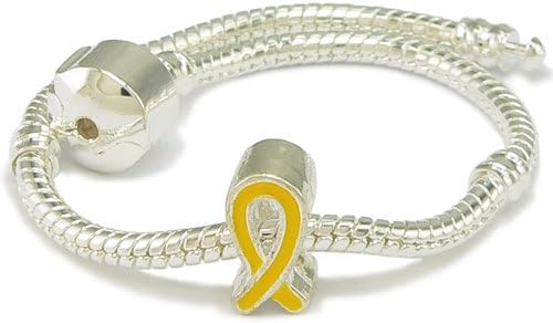 Yellow Enamel Silver Gilt Ribbon Support Charm & Bracelet - 7.5 Inches - Pandora Compatible
