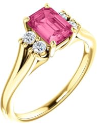 14K Yellow Gold 7.00x5.00mm Emerald Cut Pink Tourmaline and Diamond Ring -- LIFETIME WARRANTY