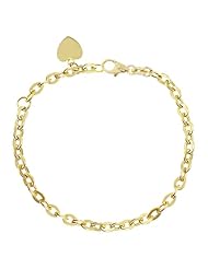 14k Yellow Gold, Heart Charm Hollow Light Weight Rolo Cable Link Kids Children Bracelet