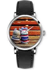 SPRAWL Aanalog Fashion Series Silver Ladies Watches of Genuine Black Leather Strap,Unique Wrist Watch for Women Girls Designed with Cute dolls on bench