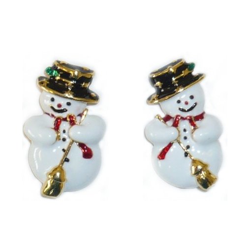 Enamel Snowman with Broom Pierced Earrings
