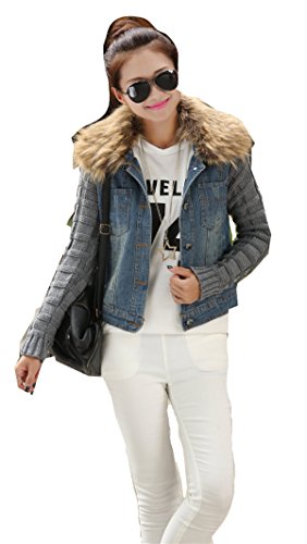 大きいサイズ 毛皮の襟元 カジュアル キュート デニム素材 袖は毛糸素材 秋物 冬物 コート 可愛いスカーフ付き ABC048