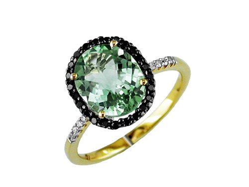 Ladies White & Black Diamond & Green Amethyst Ring in 14K Yellow Gold (TCW 2.75)., Size 7.5