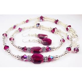 3 Piece Set in Sterling Silver - Ruby - July Birthstone Sterling Silver Swarovski Crystal Beaded Necklaces