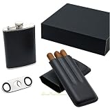 Black Leather Flask and Cigar Set - Gift Box