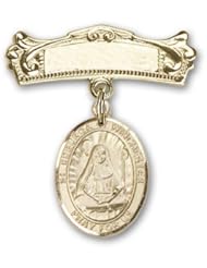 Gold Filled Baby Badge with St. Edburga of Winchester Charm and Arched Polished Badge Pin