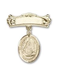 14K Gold Baby Badge with St. Edburga of Winchester Charm and Arched Polished Badge Pin