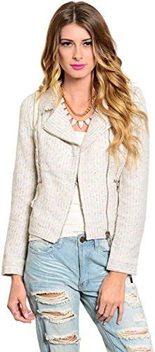 Feellib Women's Long Sleeve Moto Style Tweed Jacket Medium Off White