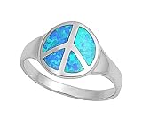Rhodium Plated Sterling Silver Wedding & Engagement Ring Blue Lab Opal Peace Sign Ring 12MM ( Size 5 to 9)