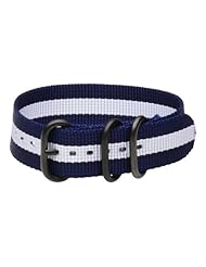 24mm Premium 3-ring Urban PVD Striped Navy Blue / White Military Style Nylon Watch Strap - Fits All Watches!!!