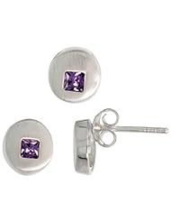Sterling Silver Matte-finish Round-shaped Earrings (7mm) & Pendant Slide (8mm) Set, w/ Princess Cut Amethyst-colored CZ Stones