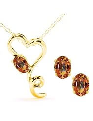 2.45 Ct Oval Ecstasy Mystic Topaz 14K Yellow Gold Pendant Earrings Set
