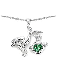 Original Star K (tm) New Baby Stork Mother Pendant with Heart Shape 8mm Simulated Emerald in 925 Sterling Silver