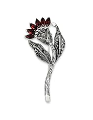 Sterling Silver Marcasite And Red Cz Flower Pin, Best Quality Free Gift Box Satisfaction Guaranteed