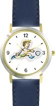 Boy Soccer Player No.2 Soccer or Fussball Theme - WATCHBUDDY&reg; DELUXE TWO-TONE THEME WATCH - Arabic Numbers - Blue Leather Strap-Women's Size-Small