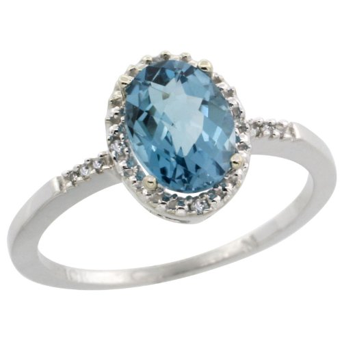 10k White Gold ( 8x6 mm ) Halo Engagement London Blue Topaz Ring w/ 0.033 Carat Brilliant Cut Diamonds & 1.35 Carats Oval Cut Stone, 3/8 in. (10mm) wide, size 9