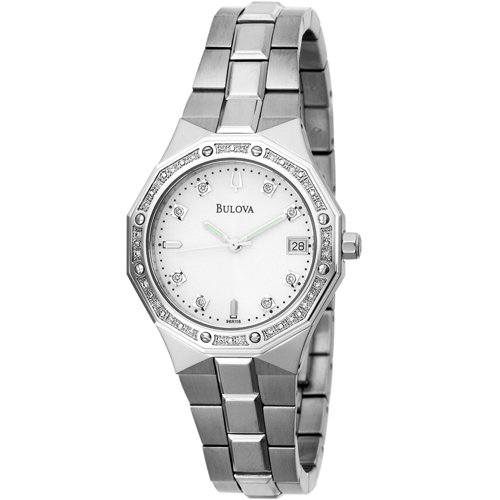 Bulova Women's Watch 96R118 Stainless Steel, 32 Diamonds, Date, White Dial, 50M