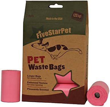 Five Star Pet 120-Count, 9" x 14.25" Dog Waste Bags, Made in USA, 8 Refill Rolls, Pink