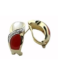 Red Jade and White Mother Of Pearl Cross-Over Earrings with Diamonds, 14k Gold