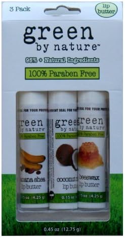 Green by Nature Paraben Free Lip Butter Balm 3 Pack - Beeswax, Banana Shea, Coconut Milk