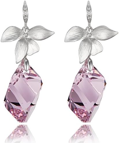 Lily Flower Amethyst Crystal Cube Drop Earrings [Swarovski Element Crystals]