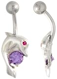 Dolphin Belly Button Ring with Amethyst Cubic Zirconia on Sterling Silver Setting