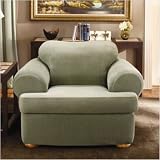 Stretch Stripe Two Piece Chair Slipcover in Sage (T-Cushion)