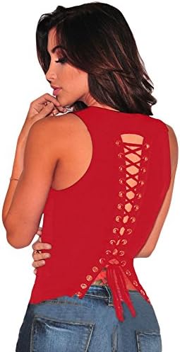 F&T Red Solid Summer Sexy Cross Tight Lace up Back Tank Top Blouse for Women M