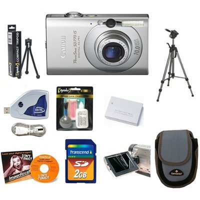 Canon Powershot SD770IS 10MP Digital Camera Accessory Kit with 2GB Memory + Extra Battery + Case/Tripod & More