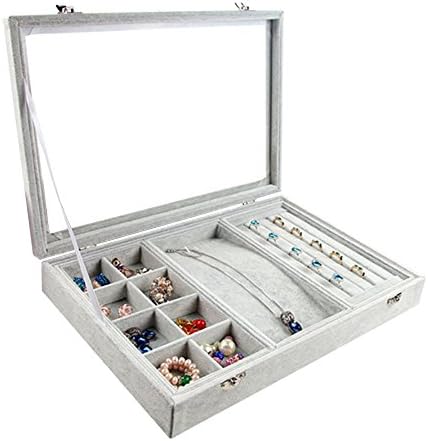 Grey Velvet Liner Protable Jewellery Display Box,3 section Glass Ring Earrings Pendant Display Storage Tray Case Organiser